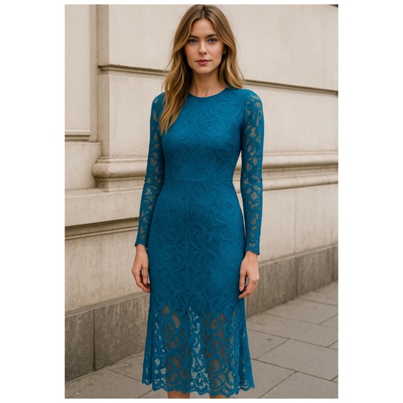 MAJE Teal Lace Long Sleeve Open Back Maxi Cocktail Dress Size S